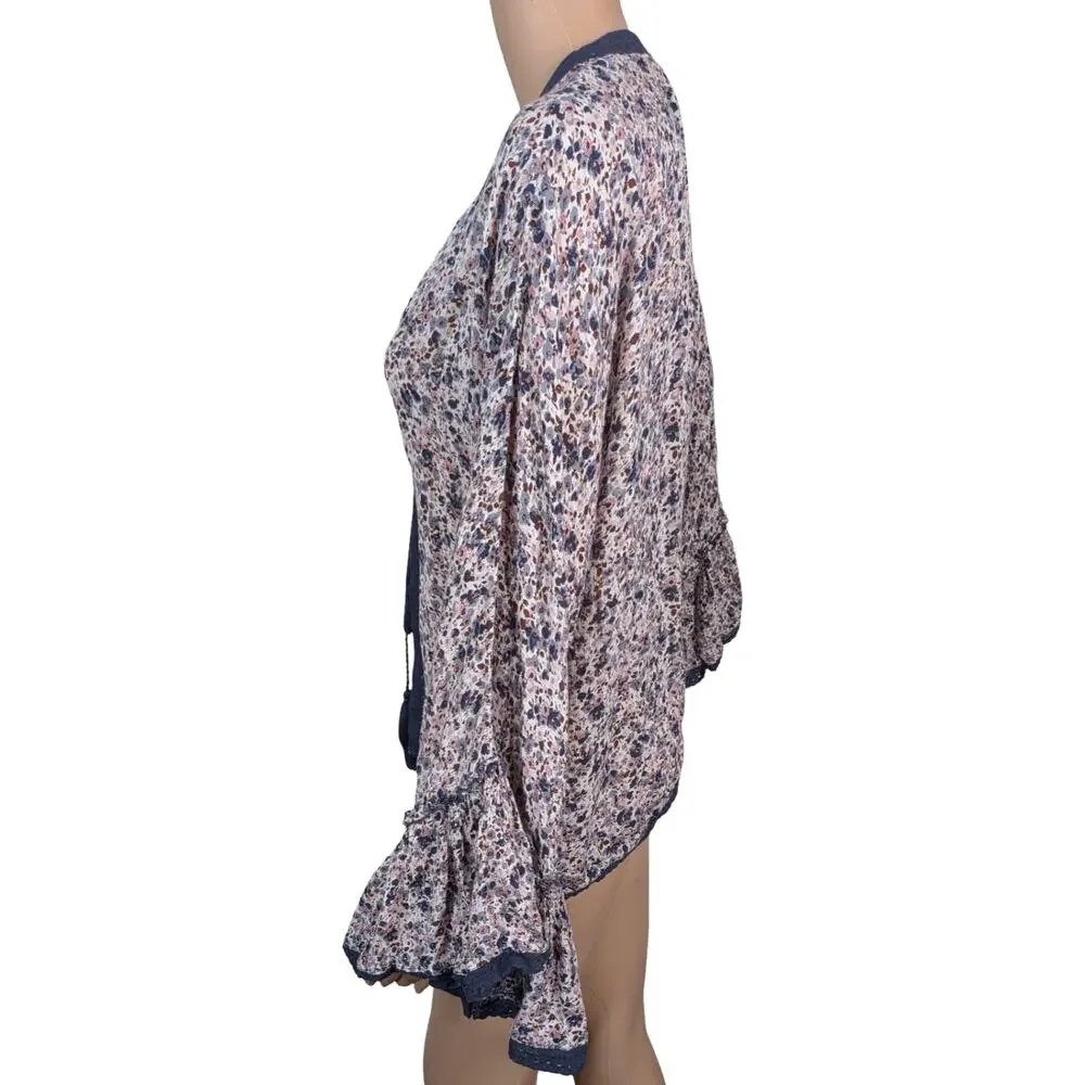 Nalini Anthropologie Blue Floral Kimono Top One Size OS Crochet Lace Tassel Boho